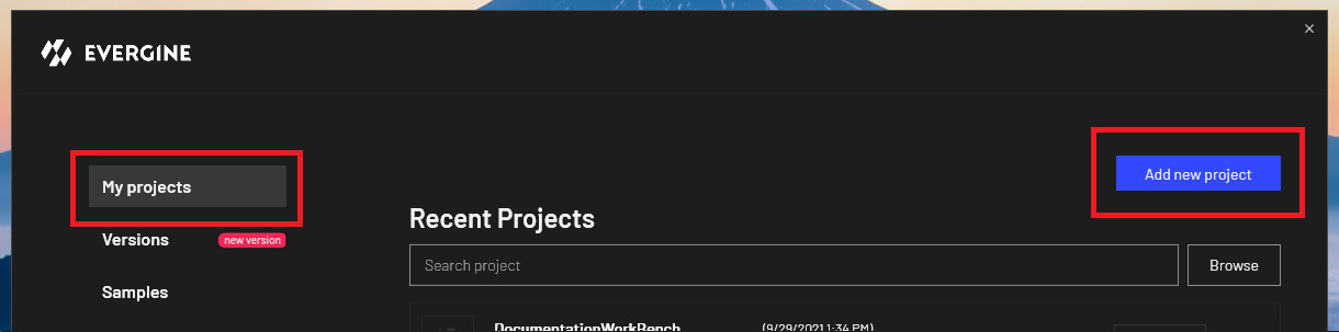Create new project button