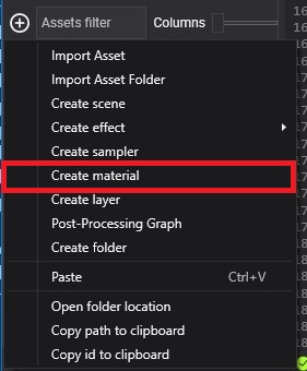 Create new material menu option