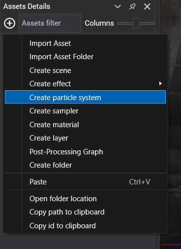 Create new particle system menu option