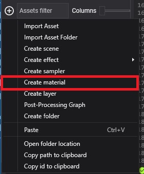 Create new material menu option