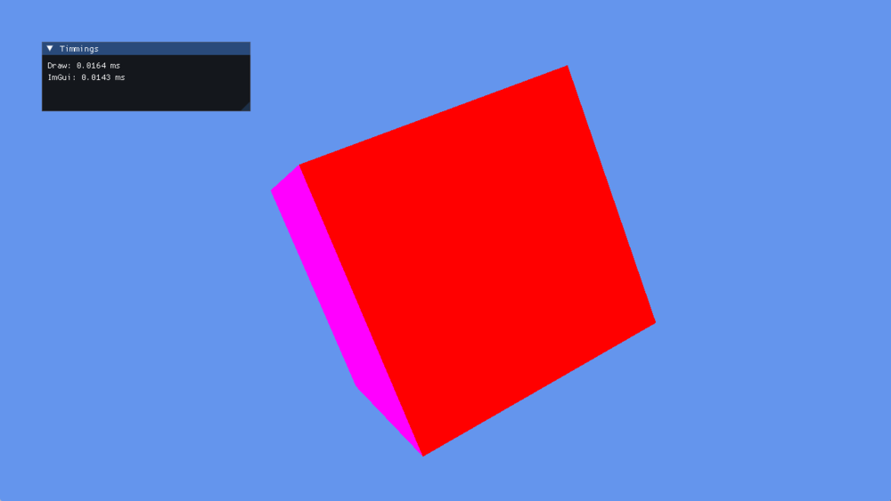 A rotating cube with an overlay reporting the GPU time of the draw and of the interface